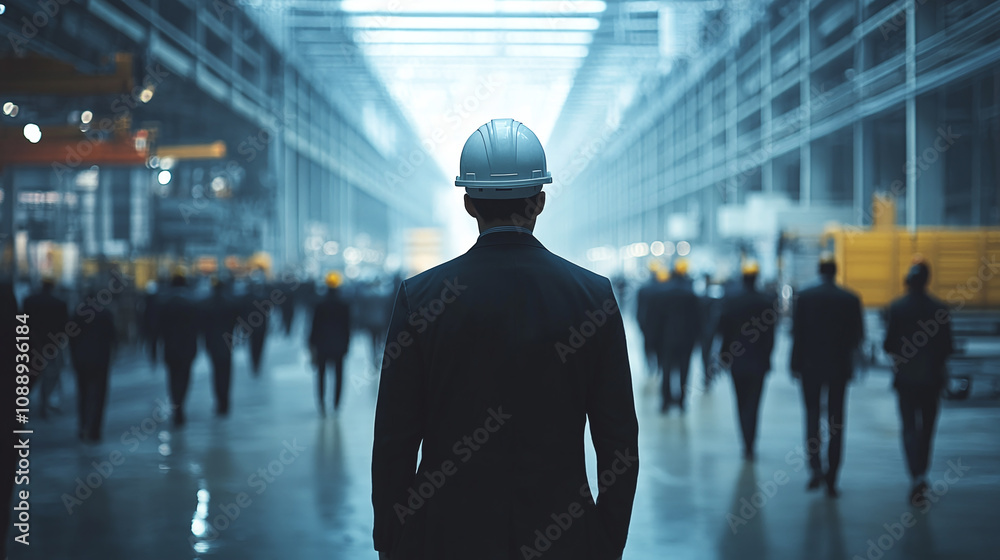 A factory manager wearing a hard hat in a bustling industrial facility, symbolizing leadership and workforce organization. A factory manager wearing a hard hat in a bustling industrial facility, symbolizing leadership and workforce organization.