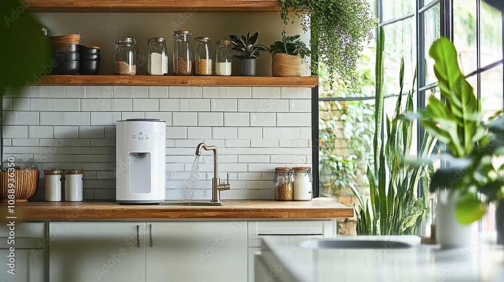 Modern kitchen interior featuring minimalist design with natural light, plant decor, stylish appliances, and organized shelving for a welcoming atmosphere Modern kitchen interior featuring minimalist design with natural light, plant decor, stylish appliances, and organized shelving for a welcoming atmosphere