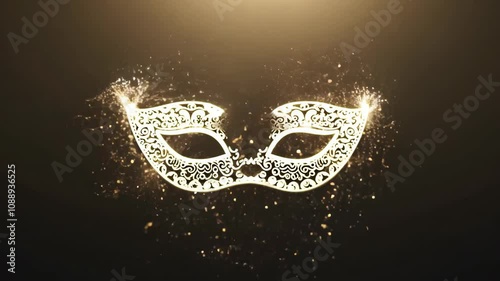 Carnival mask on dark background, gold sparkle design and golden glitter