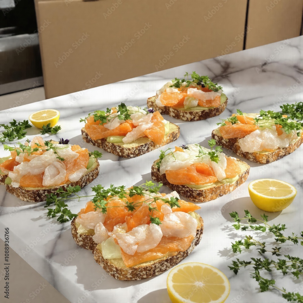 Scandinavian Open Sandwiches Smørrebrød With Salmon And Shrimps, Nordic Seafood Menu