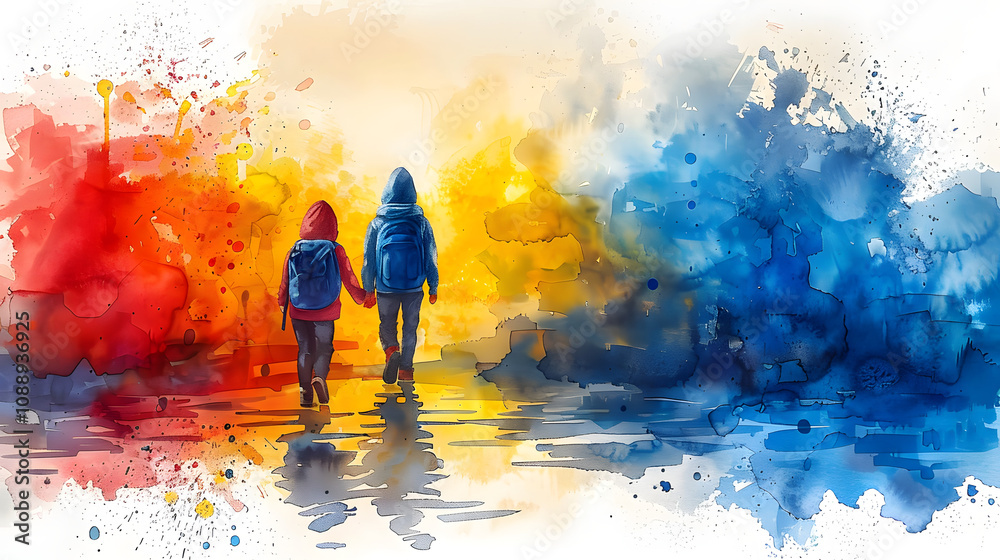 watercolor school banner with kids with a white accent, cinematic, png watercolor school banner with kids with a white accent, cinematic, png