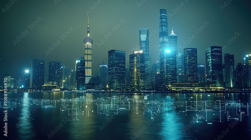 Fototapeta premium Digital icons representing SME business concepts overlaying a city skyline at night, symbolizing the growth and innovation in the modern business landscape.