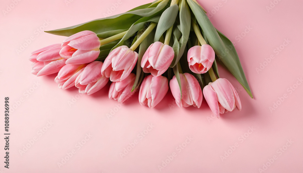 Beautiful composition spring flowers. Bouquet of pink tulips flowers on pastel pink background. Valentine's Day, Easter, Birthday, Happy Women's Day, Mother's Day. Flat lay, top view, copy space Beautiful composition spring flowers. Bouquet of pink tulips flowers on pastel pink background. Valentine's Day, Easter, Birthday, Happy Women's Day, Mother's Day. Flat lay, top view, copy space