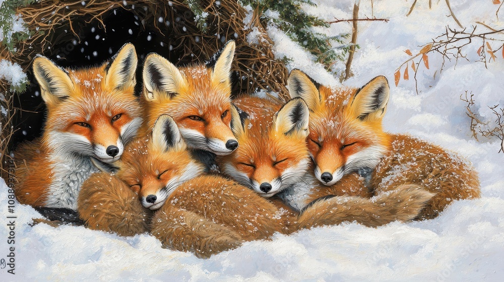 Fototapeta premium Family of Red Foxes Resting Together in a Snowy Environment, Capturing the Beauty of Wildlife and Nature's Serenity in a Winter Landscape