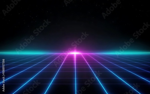 Retro futuristic grid landscape with vibrant neon lights and starry night sky.