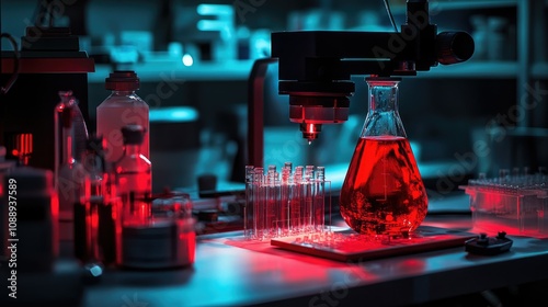 Nanotechnology research setup with a clear glass and red bottle on a table, illuminated by a red light, showcasing advanced scientific equipment.