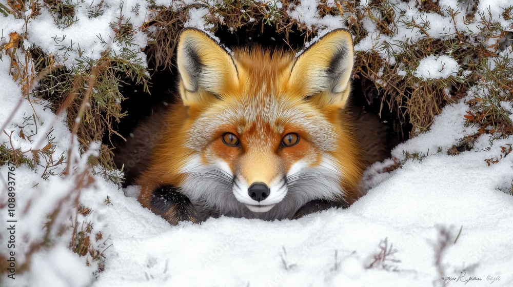 Fototapeta premium Red Fox Resting in Burrow Under the Snow, Conserving Energy in Winter Landscape With Soft Snow Cover and Natural Camouflage