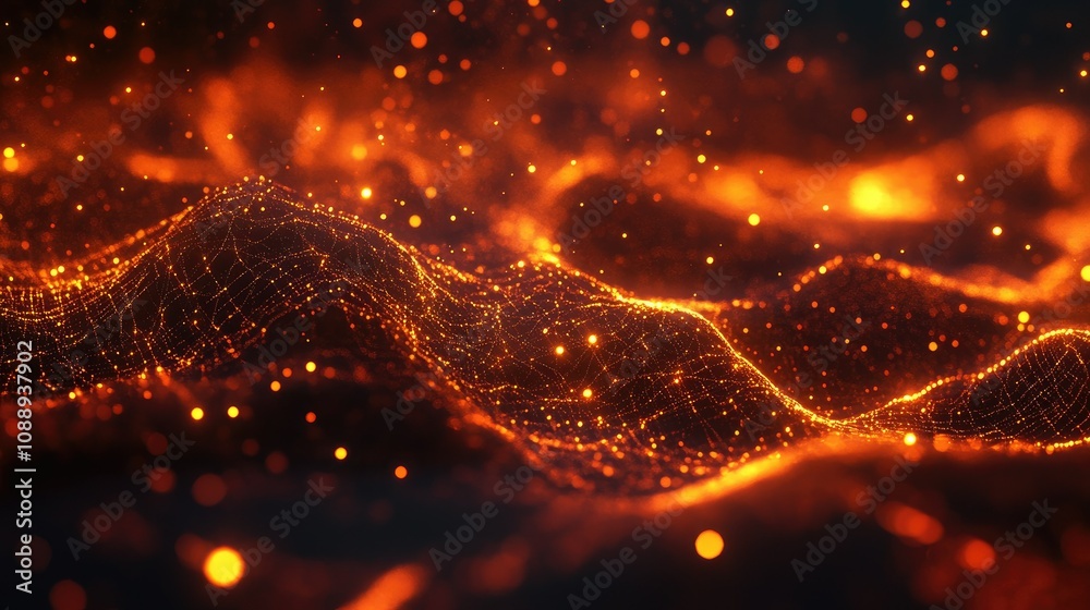 Neon light particles glowing and flowing dynamically, representing the movement of data in a digital technology system, with intricate network connections.