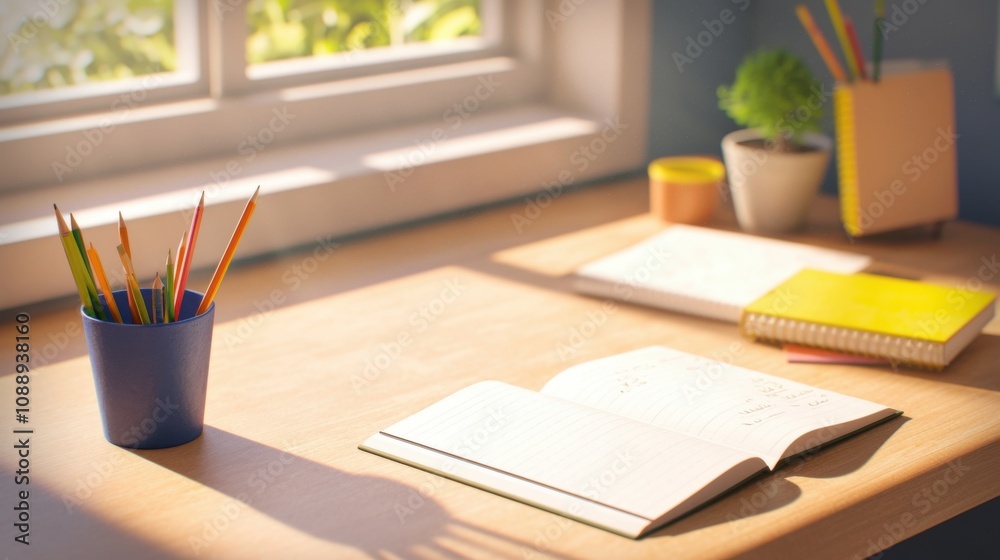 Illustration of a desk for doing homework placed by the window. On the desk are books, open notebooks, and study supplies, symbolizing learning and a space for doing homework. Illustration of a desk for doing homework placed by the window. On the desk are books, open notebooks, and study supplies, symbolizing learning and a space for doing homework.
