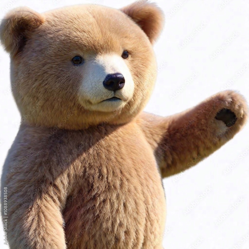 A high-resolution digital artwork of a plush teddy bear, exquisitely detailed with soft, light-brown fur. The bear stands upright, extending its left arm in a friendly waving gesture. Its round black A high-resolution digital artwork of a plush teddy bear, exquisitely detailed with soft, light-brown fur. The bear stands upright, extending its left arm in a friendly waving gesture. Its round black