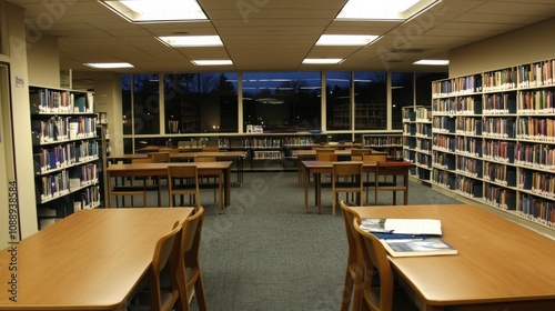 Cozy and Quiet Library Interior with Spacious Reading Areas and Tall Book Shelves Illuminated by Soft Lighting During Evening Hours