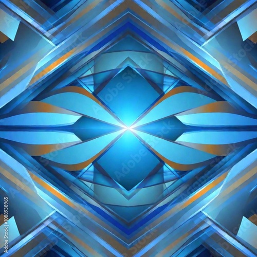 A high-resolution digital artwork captures a futuristic, abstract design. Dominated by cool tones of blue and accented with subtle touches of orange, the image features an intricate interplay of semi-