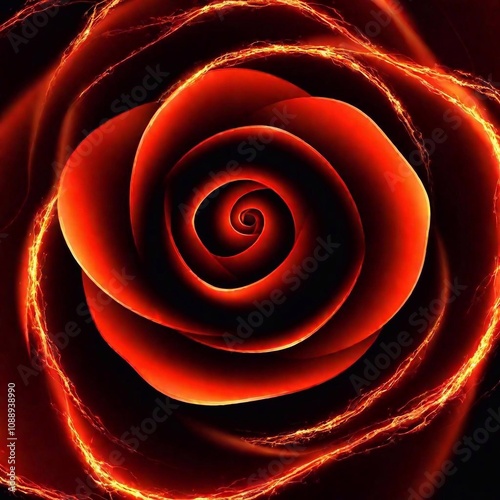 A high-resolution digital artwork depicting a rose made entirely of flames against a dark, black background. The fiery petals curl and twist, exuding intense heat and vibrant energy. Bright red, orang