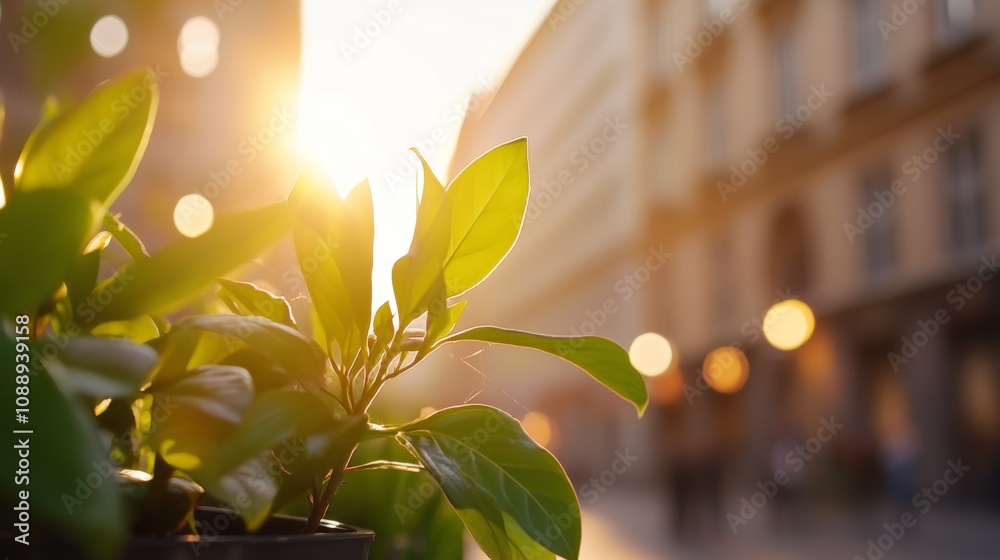 Beautiful green leaves basking in the warm sunlight on a city street during the golden hour, creating a serene urban atmosphere Beautiful green leaves basking in the warm sunlight on a city street during the golden hour, creating a serene urban atmosphere
