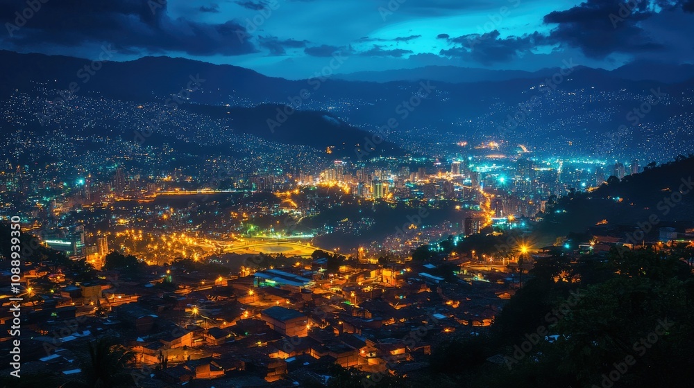 Fototapeta premium South American city skyline glowing with lights at night, capturing the vibrant pulse of the city as it sparkles under a dark sky.