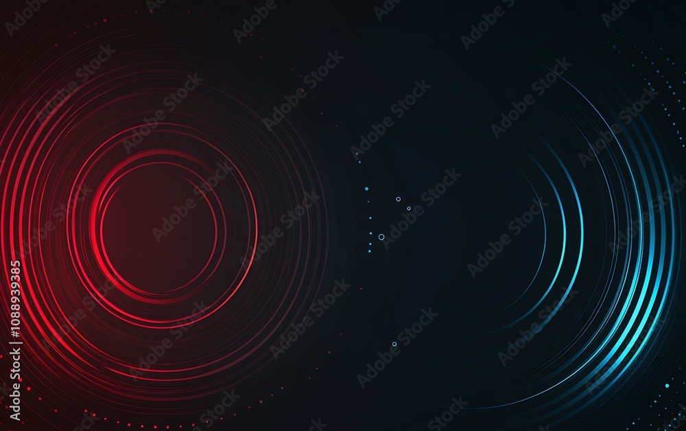Abstract background with red and blue glowing concentric circles and particles. Abstract background with red and blue glowing concentric circles and particles.