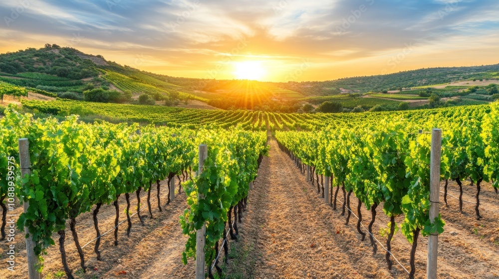 Vineyard Rows Bask In Sunset Glow A Scenic Vista