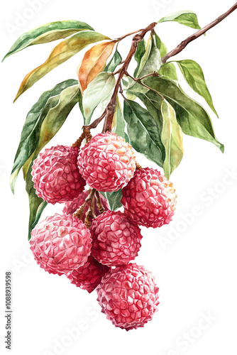 A vibrant illustration of fresh lychee fruit on a branch, showcasing its unique texture and bright red color.