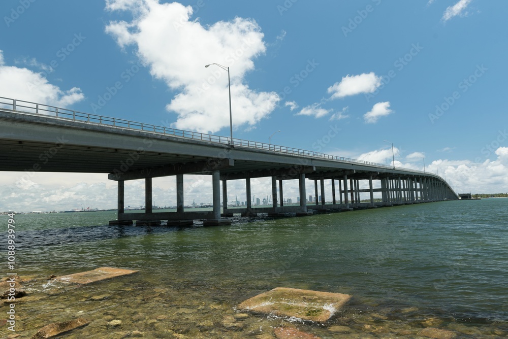 Bridge over water with city skyline in background. Bridge over water with city skyline in background.