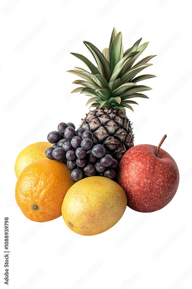 A vibrant arrangement of fresh fruits including pineapple, grapes, apples, and lemons, showcasing natural colors and textures. A vibrant arrangement of fresh fruits including pineapple, grapes, apples, and lemons, showcasing natural colors and textures.