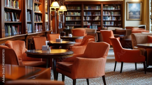 Wallpaper Mural Cozy and Inviting Library Interior with Orange Chairs, Wooden Tables, and Bookshelves Filled with Literature in a Warm Atmosphere Torontodigital.ca