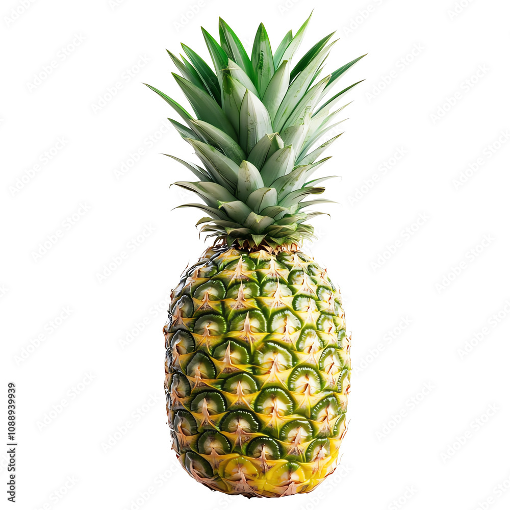 Fototapeta premium Fresh pineapple with green spiky leaves and golden yellow exterior, perfect for tropical themes and culinary uses.