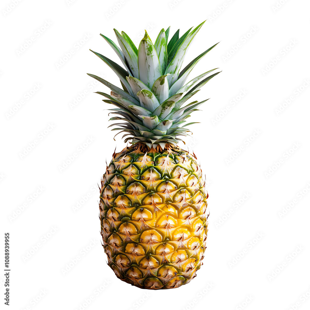 Fototapeta premium A vibrant pineapple with a golden hue and lush green crown, perfect for tropical themes and healthy lifestyle visuals.