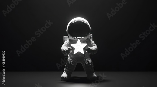 A stylized astronaut holding a glowing star in a dark environment.