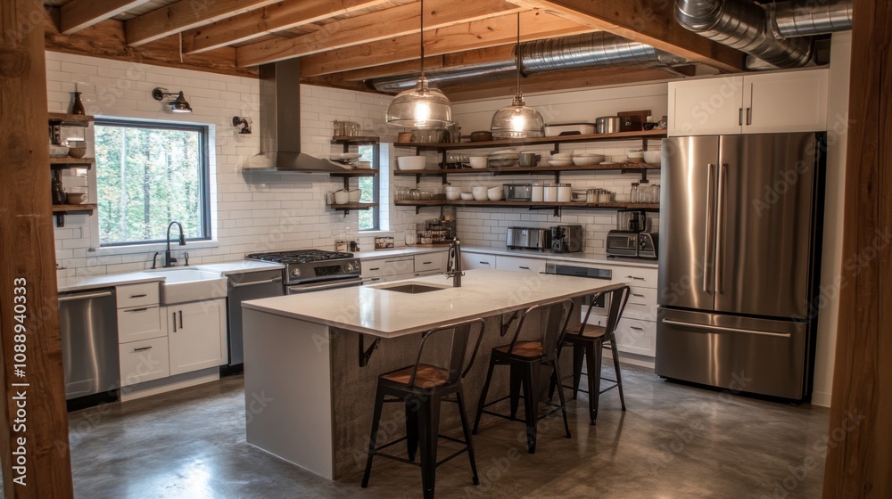 Modern Kitchen with Open Layout Featuring Bright Windows, Chic Fixtures, Sleek Appliances, Open Shelving, and Stylish Bar Stools in a Rustic Setting Modern Kitchen with Open Layout Featuring Bright Windows, Chic Fixtures, Sleek Appliances, Open Shelving, and Stylish Bar Stools in a Rustic Setting