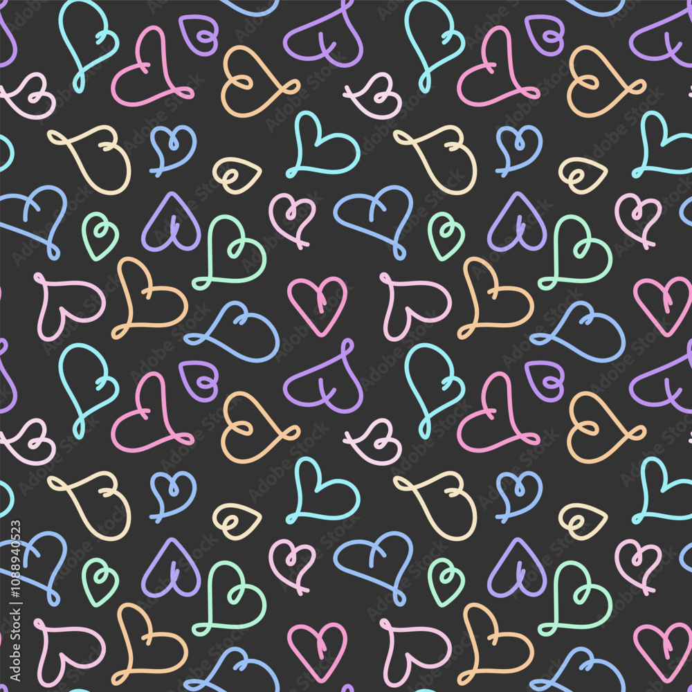 Doodle colorful Hearts Seamless pattern. Outline heart shapes on black Background. Funny Scribble. Template for package wrapping paper card wallpaper textile print banner Doodle colorful Hearts Seamless pattern. Outline heart shapes on black Background. Funny Scribble. Template for package wrapping paper card wallpaper textile print banner
