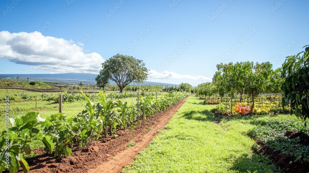 Lush Green Agricultural Landscape Featuring Rows of Vegetables Under Clear Blue Sky and Vibrant Greenery in a Serene Farming Environment Lush Green Agricultural Landscape Featuring Rows of Vegetables Under Clear Blue Sky and Vibrant Greenery in a Serene Farming Environment