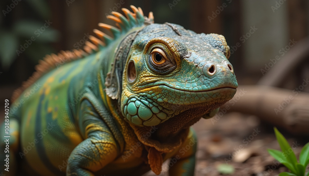 Iguana in profile looking at the camera in close-up in terrarium Iguana in profile looking at the camera in close-up in terrarium