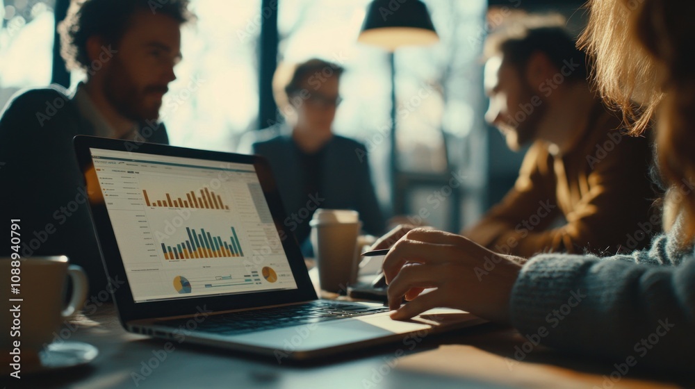 A business meeting with a laptop displaying data analysis in a collaborative environment. A business meeting with a laptop displaying data analysis in a collaborative environment.