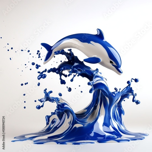 Dolphin splashing in vibrant blue paint wave, white isolated background. photo