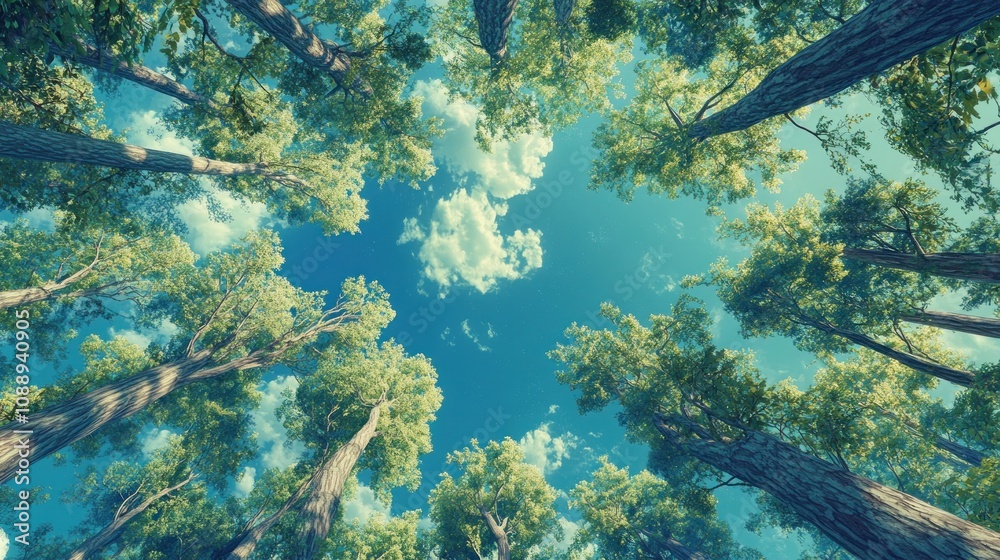 Fototapeta premium A forest with trees and a blue sky. The sky is clear and the trees are green. The trees are tall and spread out