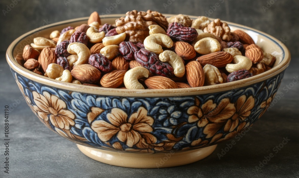 A bowl filled with an assortment of walnuts, cashews, and almonds, mixed nuts, variety, healthy snack, bowl, nut selection A bowl filled with an assortment of walnuts, cashews, and almonds, mixed nuts, variety, healthy snack, bowl, nut selection