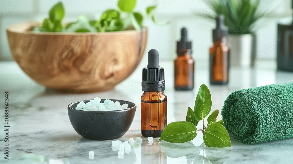Wellness detox mental health. A serene arrangement featuring essential oil bottles, salt, a green towel, and fresh herbs, perfect for wellness and relaxation.
