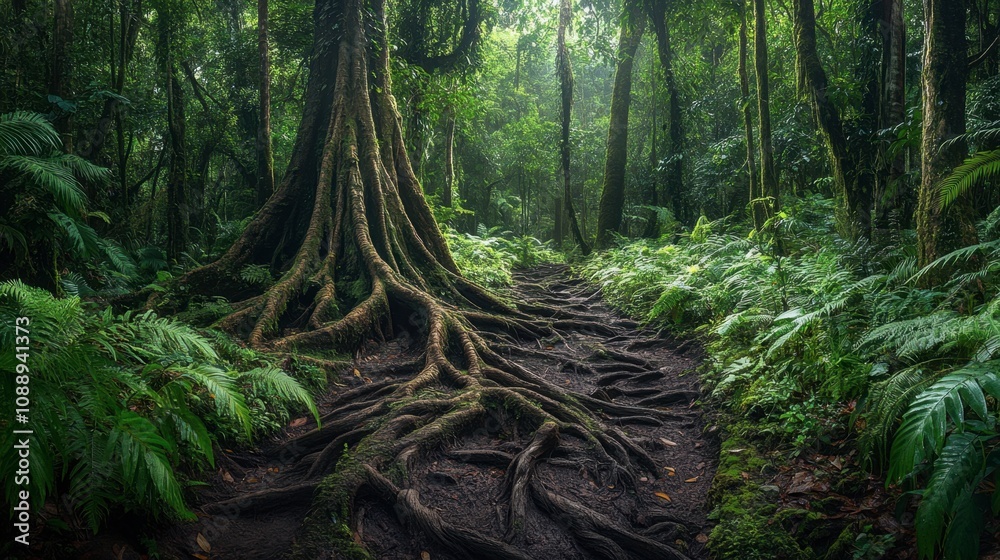 Lush Green Jungle Path with Exposed Tree Roots and Dense Foliage Inviting Nature Lovers to Explore the Tranquility of a Vibrant Tropical Forest Environment Lush Green Jungle Path with Exposed Tree Roots and Dense Foliage Inviting Nature Lovers to Explore the Tranquility of a Vibrant Tropical Forest Environment