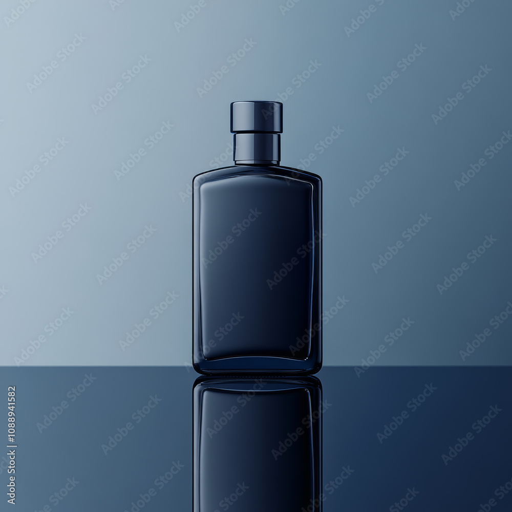 sleek black bottle stands elegantly on reflective surface, showcasing its modern design against soft gradient background. minimalistic aesthetic evokes sense of sophistication and style