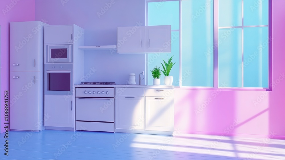 Modern Minimalist Kitchen Design with Pink and Blue Accent Walls, Featuring Sleek Appliances and Natural Light for a Bright and Inviting Atmosphere Modern Minimalist Kitchen Design with Pink and Blue Accent Walls, Featuring Sleek Appliances and Natural Light for a Bright and Inviting Atmosphere
