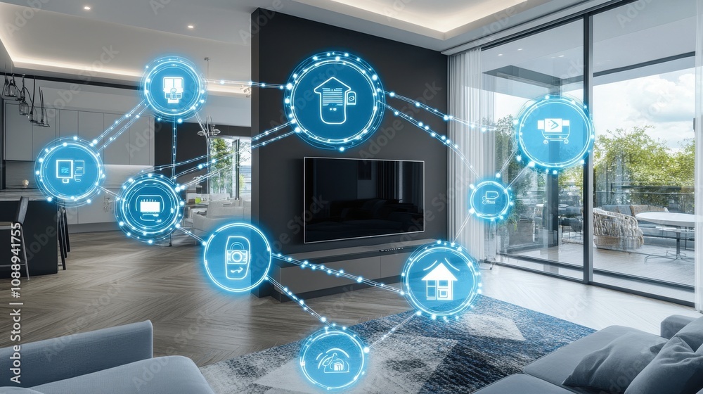 Smart home technology interface overlay on modern living room. Smart home technology interface overlay on modern living room.