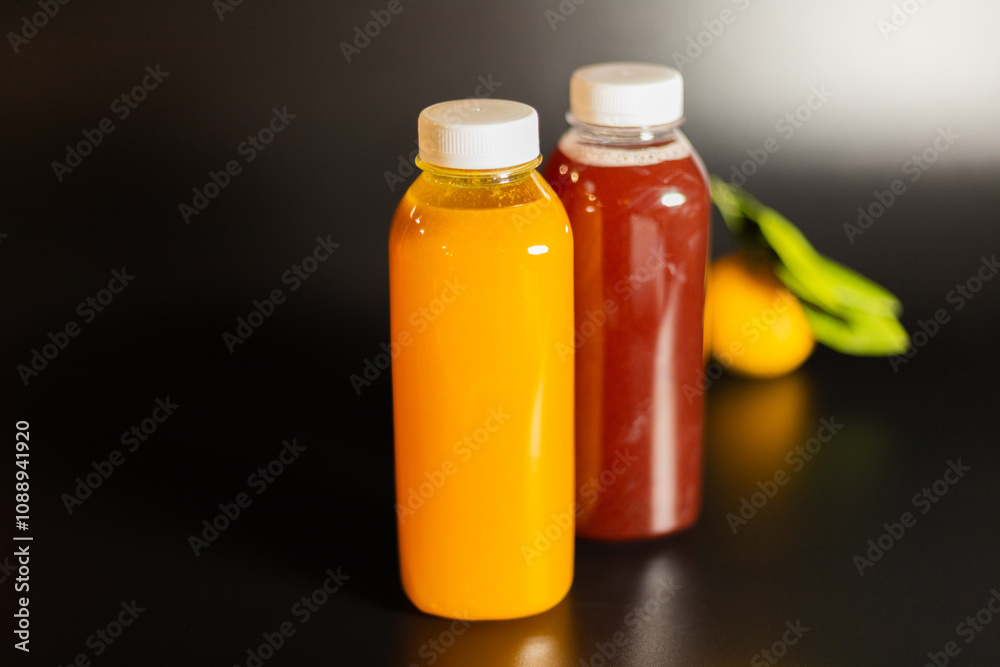 two transparent bottles with red and orange fruit drink on a black background two transparent bottles with red and orange fruit drink on a black background