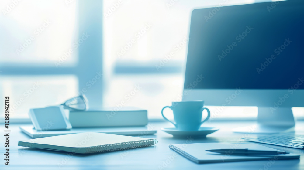 Desk image includes a coffee cup, laptop, clean color tones, and space for text, presentation fonts, job descriptions, graphic resources for learning, working, and taking notes. Desk image includes a coffee cup, laptop, clean color tones, and space for text, presentation fonts, job descriptions, graphic resources for learning, working, and taking notes.