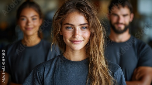 Confident young woman with colleagues in background.