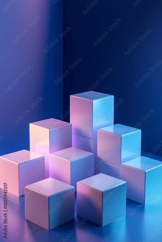 3D render of cubes arranged in a dark blue background. Abstract futuristic technology concept. 3D render of cubes arranged in a dark blue background. Abstract futuristic technology concept.
