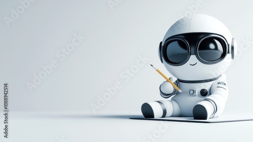 A cute robot in a spacesuit holding a pencil, sitting on a white surface.