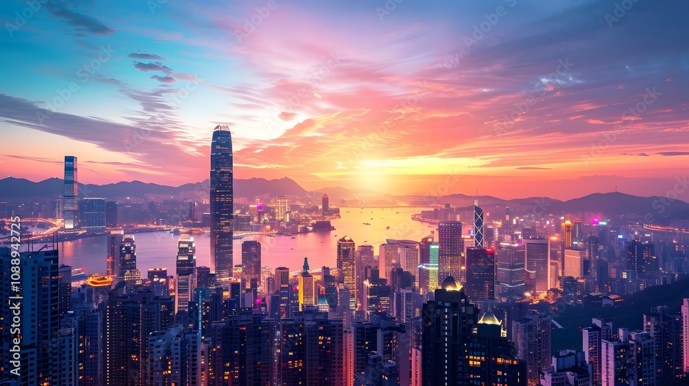 Fototapeta premium The photo showcases a towering urban skyline at dusk, illuminated by neon signs and glowing windows, with subtle reflections of light on glossy skyscrapers, representing digital connectivity and corpo