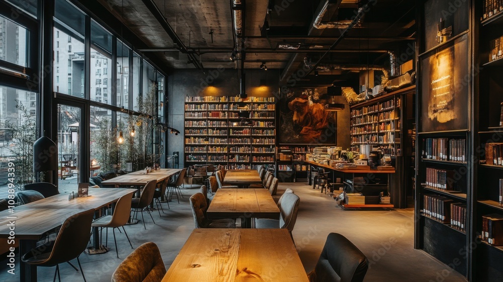 Fototapeta premium Cozy and Elegant Interior of a Modern Library with Bookshelves, Warm Lighting, and Study Tables Ideal for Reading, Working, or Meeting in an Urban Environment