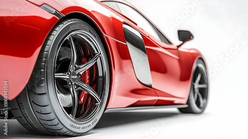 A Close-Up View of a Red Sports Car's Wheel with Black Rims and Red Brake Calipers, Highlighting its Sleek Design