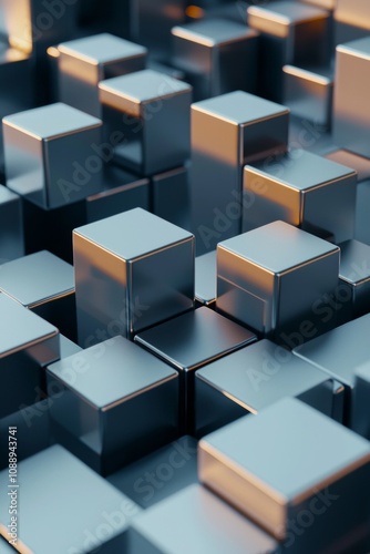 3D render of cubes arranged in a dark blue background. Abstract futuristic technology concept.